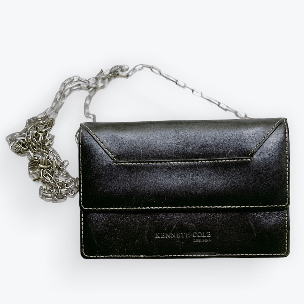 Minimalist Edgy Witchy Black Leather Silver-Chained Super-Mini Bag ~Kenneth Cole